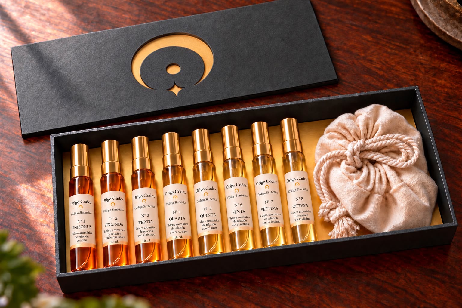 Escala diaria de Origo Códex: caja grafito con logo calado, 8 sprays de 10 mL y bolsa