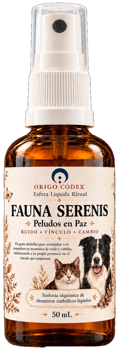 Fauna Serenis Peludos en Paz de Origo Códex™: frasco ámbar con atomizador blanco de 50 mL, sin fondo