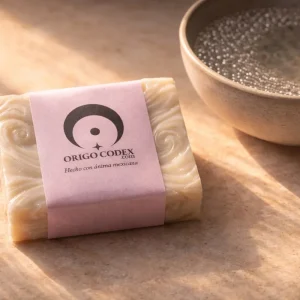 Espuma de Albedo de Origo Códex: jabón artesanal color crema con banda rosa