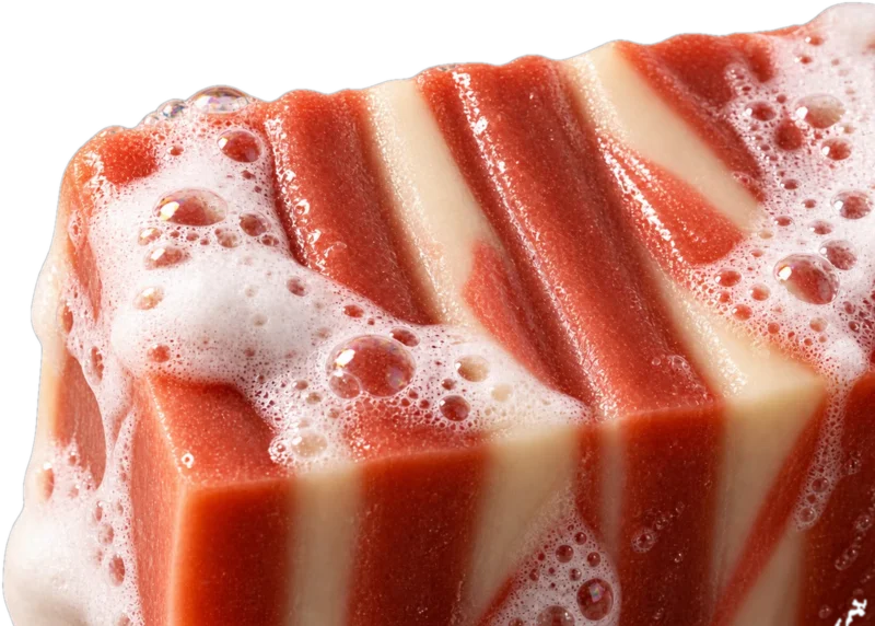 Jabón artesanal Alquimia para el cuerpo de Origo Códex: franjas rojas y crema con espuma