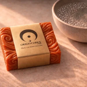 Espuma de Rubedo de Origo Códex: jabón artesanal color terracota con banda de papel kraft