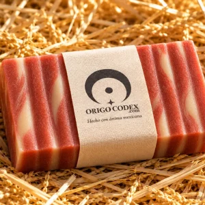 Espuma MIM de Origo Códex: jabón artesanal rojo y crema sobre paja con banda de papel crudo