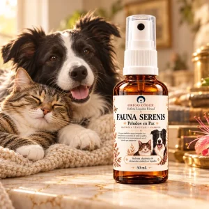 Fauna Serenis Peludos en Paz de Origo Códex: Esfera Líquida Ritual en spray ámbar de 50 mL junto a un perro y un gato