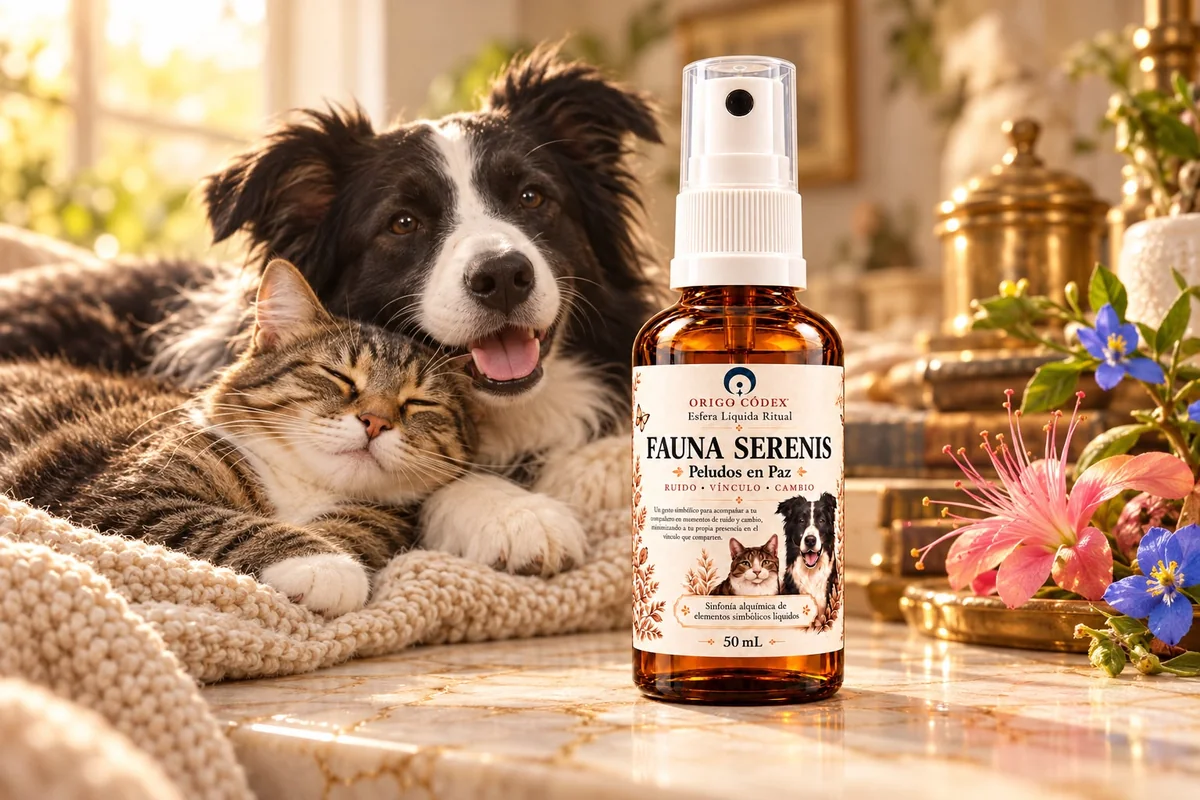 Fauna Serenis Peludos en Paz de Origo Códex: Esfera Líquida Ritual en spray ámbar de 50 mL junto a un perro y un gato