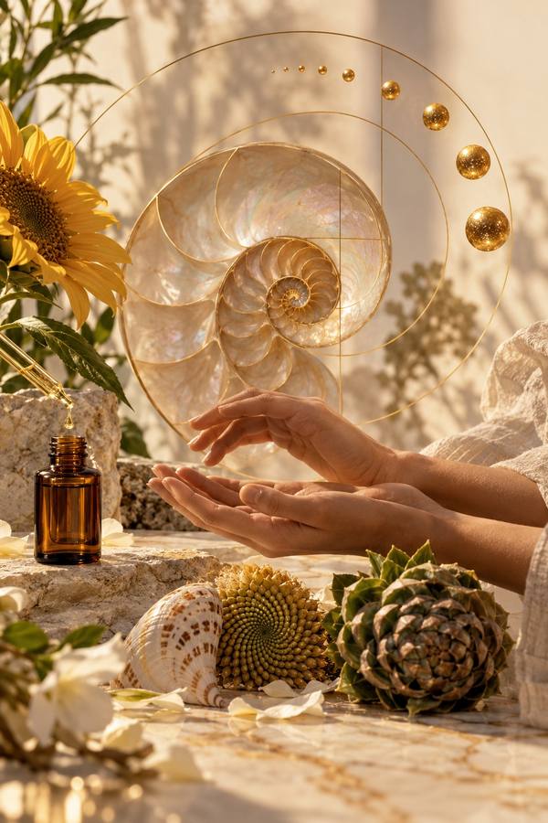 Manos, nautilo, girasol y ampolleta con espiral de Fibonacci dorada